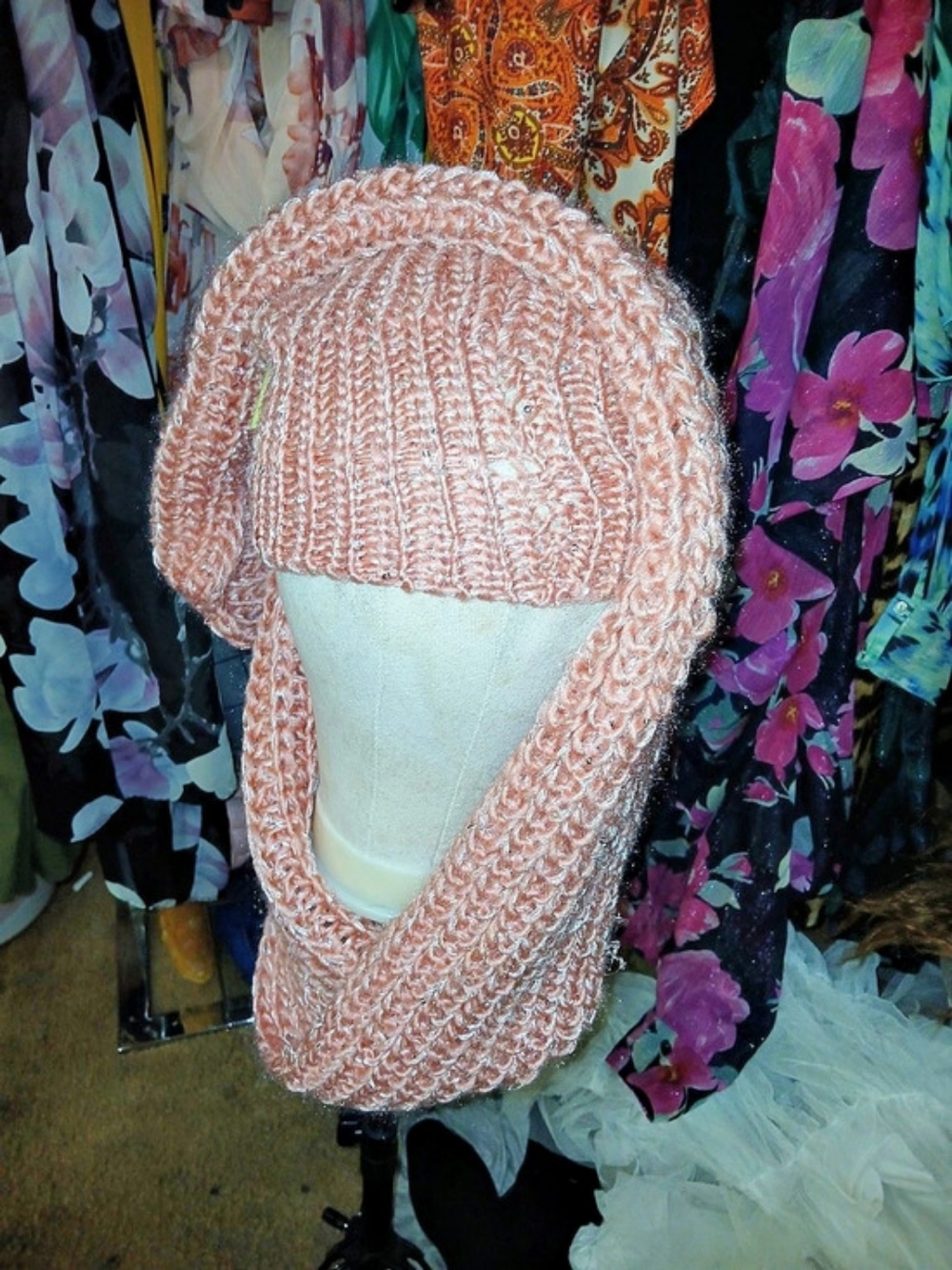 Pink Knit Hat and Face Covering Like New